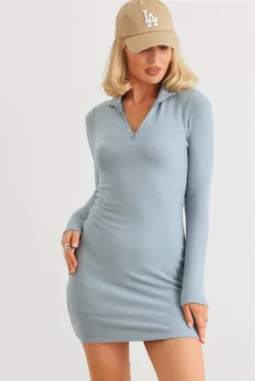 Blue Flannel Zip-up Mock Neck Mini Dress