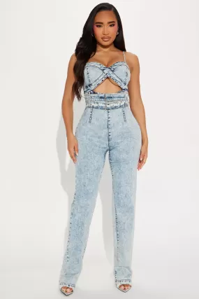 Causing Trouble Denim Jumpsuit - Light Wash