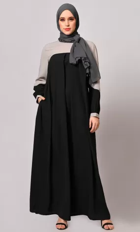 Contemporary Classics: Black Abaya  with Grey Yoke and Pockets