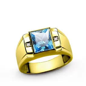 Men's Ring with Blue Topaz and Diamonds in 14k Yellow Gold