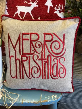 Merry Christmas In Canvas Square Pillow in Red Trim - 11inch