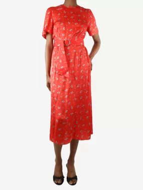 Red floral-printed belted midi dress - size S