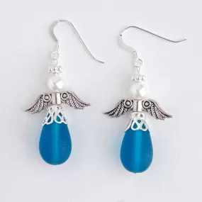 Teal Sea Glass Angel Earrings