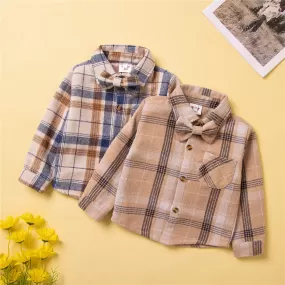 Toddler kids Long-sleeved plaid shirt bow tie cardigan top